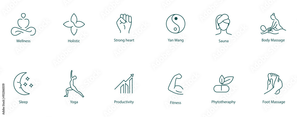 Vector Icons Set: Meditation, Mindfulness, Holistic, Strong Heart, Yang Wand, Sauna, Body Massage, Sleep, Yoga, Productivity, Fitness, Foot Massage Vector Icons Set: Meditation, Mindfulness, Holistic, Strong Heart, Yang Wand, Sauna, Body Massage, Sleep, Yoga, Productivity, Fitness, Foot Massage