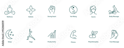 Vector Icons Set: Meditation, Mindfulness, Holistic, Strong Heart, Yang Wand, Sauna, Body Massage, Sleep, Yoga, Productivity, Fitness, Foot Massage