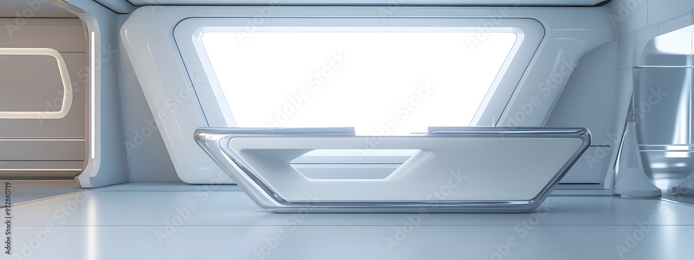 A 3D rendered mockup of a modern,minimalist home office space featuring a white framed background,a sleek color desk,holographic display screens,and chrome accents. A 3D rendered mockup of a modern,minimalist home office space featuring a white framed background,a sleek color desk,holographic display screens,and chrome accents.