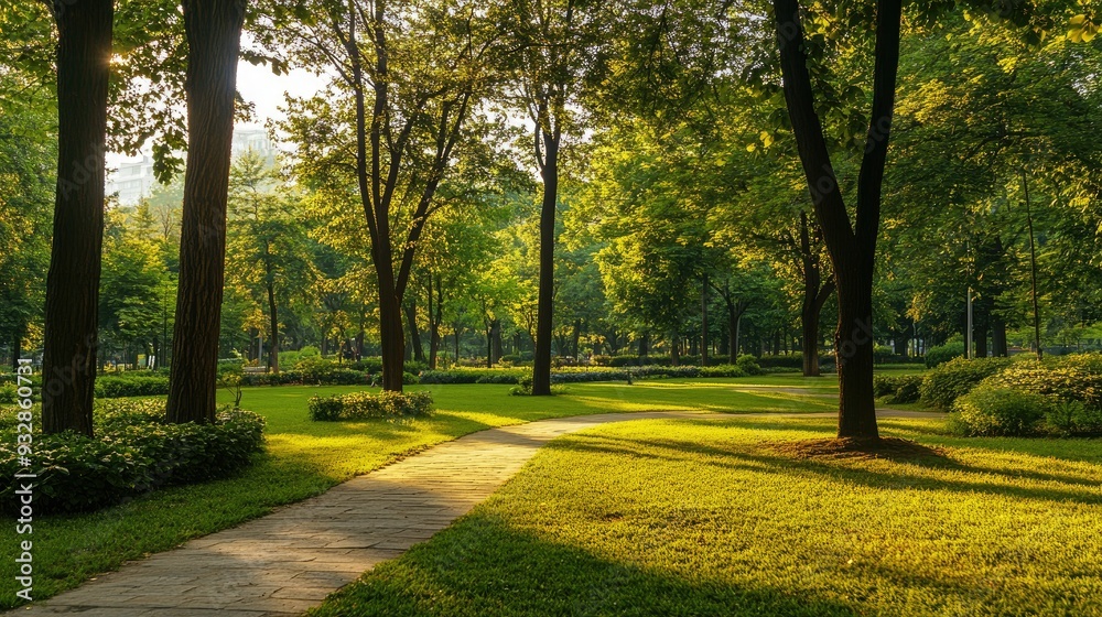 Green park with trees and walking paths, inviting outdoor space, perfect for relaxation