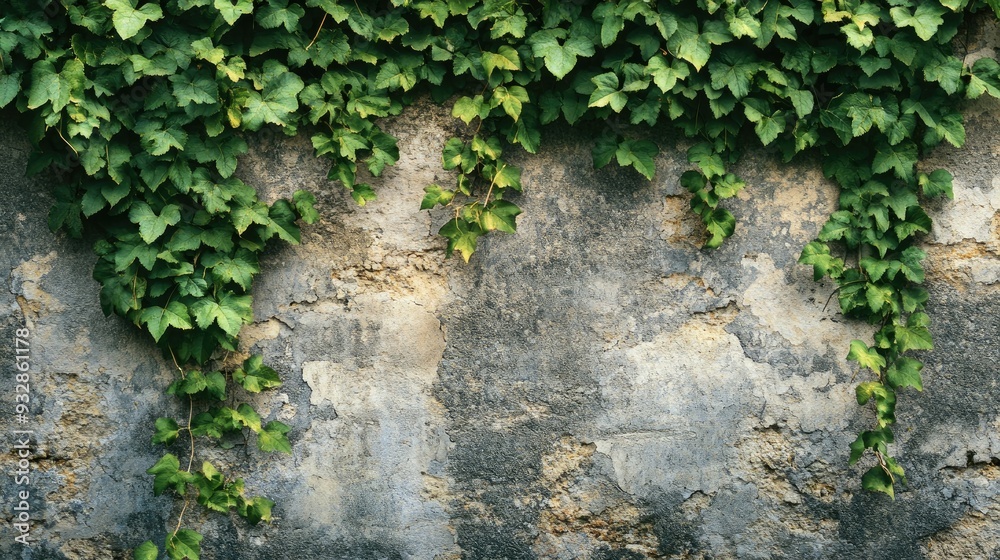 Green vines climbing up an old stone wall, nature reclaiming urban space, rustic background