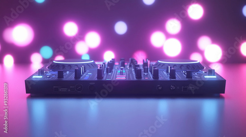 A DJ mixer sits on a table with colorful lights shimmering in the background, creating an engaging ambiance for a lively party atmosphere photo