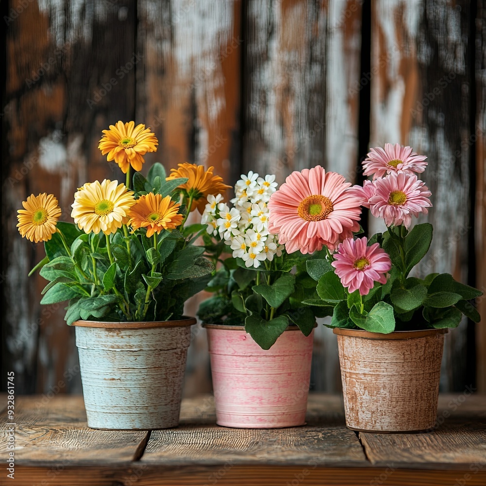 flowers pots decoration on wooden table flowers pots decoration on wooden table