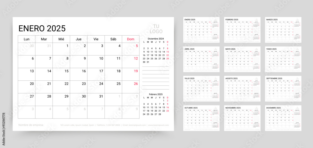 2025 Spanish calendar. Planner template. Calender layout with month. Desk schedule grid. Week starts Monday. Yearly table organizer. Horizontal monthly diary with 12 pages. Vector simple illustration 2025 Spanish calendar. Planner template. Calender layout with month. Desk schedule grid. Week starts Monday. Yearly table organizer. Horizontal monthly diary with 12 pages. Vector simple illustration