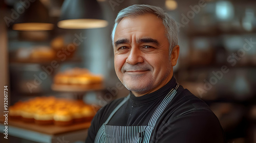 Happy bakery owner in a bla...