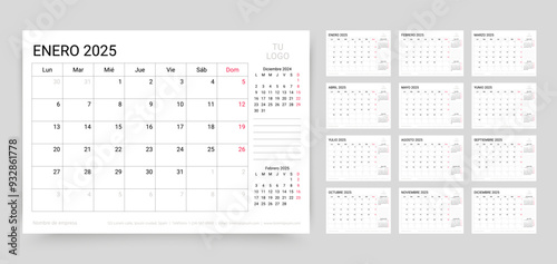 2025 Spanish calendar. Planner template. Calender layout with month. Desk schedule grid. Week starts Monday. Yearly table organizer. Horizontal monthly diary with 12 pages. Vector simple illustration