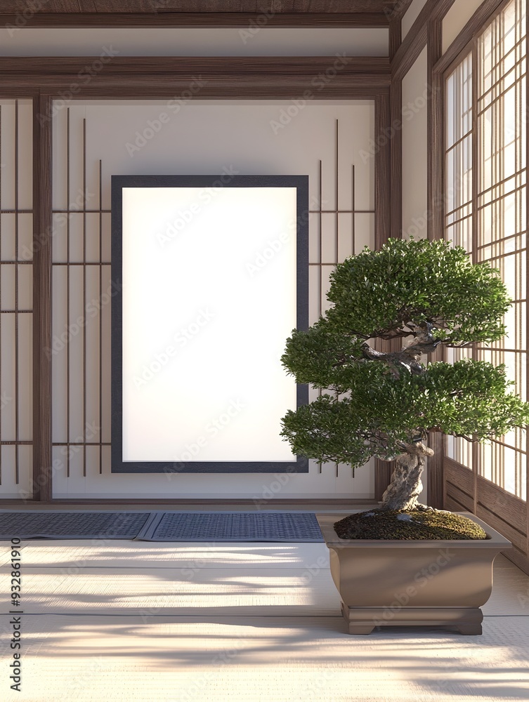 A 3D rendered mockup of a tranquil Japanese-inspired tea house interior design. The scene features a white background frame,paper shoji screens,tatami mats,and a bonsai centerpiece. A 3D rendered mockup of a tranquil Japanese-inspired tea house interior design. The scene features a white background frame,paper shoji screens,tatami mats,and a bonsai centerpiece.