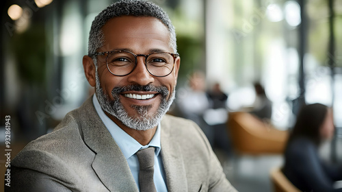 Happy businessman in suit with a beard and glasses smiling in a modern office.