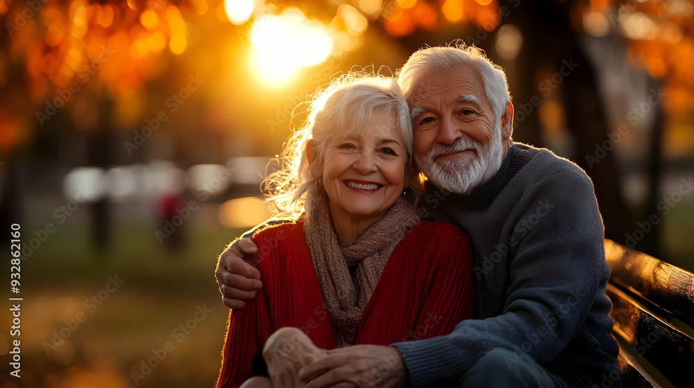 Happy elderly couple sitting on a bench outdoors. Happy elderly couple sitting on a bench outdoors.