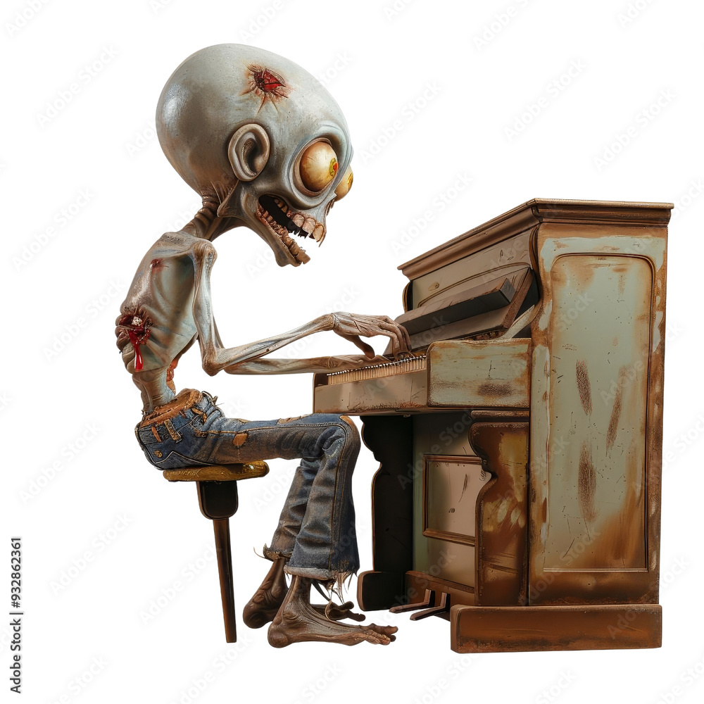 3D artist rendition of a cartoonish skeleton playing a piano, blending ...