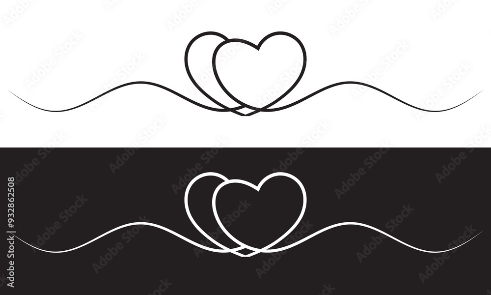 Fototapeta premium Heart line drawing ribbon in vector doodle sketch. Wedding, Valentine day black and white love heart scribble line black and white background. Vector illustration. EPS 10