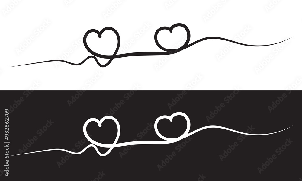 Fototapeta premium Heart line drawing ribbon in vector doodle sketch. Wedding, Valentine day black and white love heart scribble line black and white background. Vector illustration. EPS 10