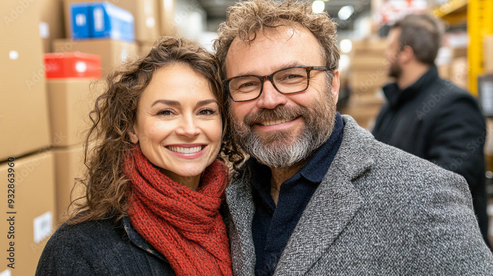 A joyful couple stands close together, surrounded by stacked boxes in a bustling warehouse, radiating warmth and happiness A joyful couple stands close together, surrounded by stacked boxes in a bustling warehouse, radiating warmth and happiness