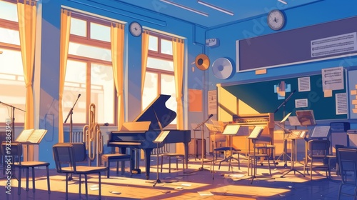 A spacious music classroom with neatly placed instruments, sheet music on stands, and a grand piano in the corner