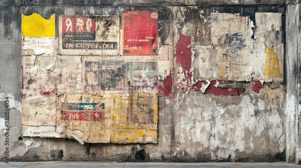 Fototapeta premium Old cement wall with vintage posters peeling off, urban history and nostalgic vibe -