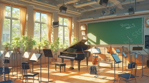 A well-lit music classroom featuring instruments neatly arranged, sheet music on stands, and a grand piano in the corner