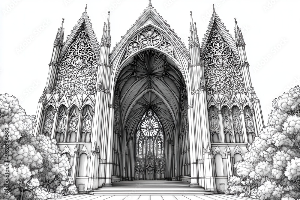 An intricate engraving of a Gothic cathedral, emphasizing the detailed architecture and stained glass windows An intricate engraving of a Gothic cathedral, emphasizing the detailed architecture and stained glass windows