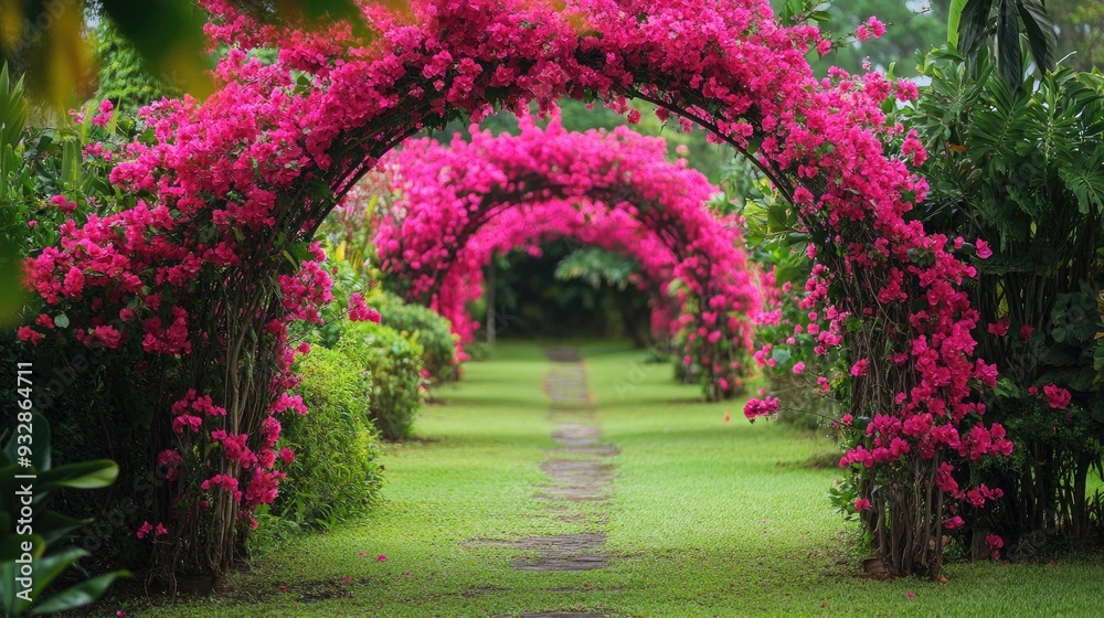 Fototapeta premium Pink bougainvillea archway in a garden, vibrant and lush, tropical floral display