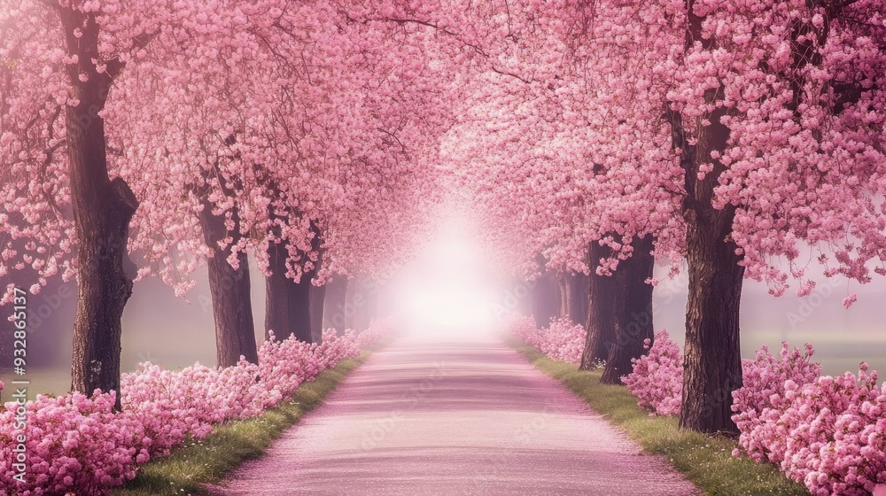 Naklejka premium Pink cherry blossom tree lining a path, tranquil and peaceful, walking through spring