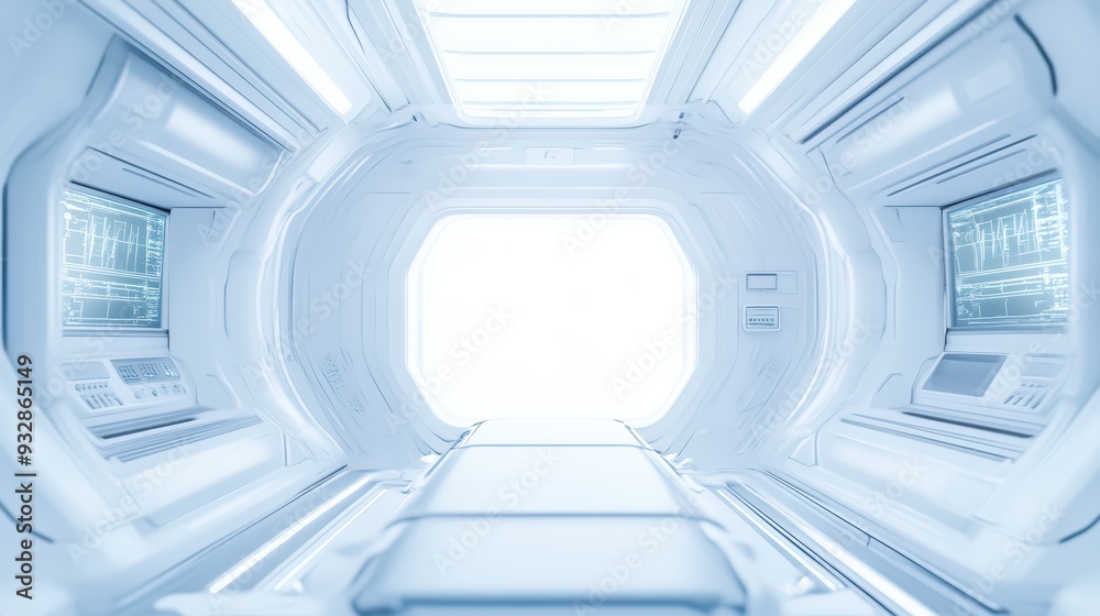 Fototapeta premium Futuristic corridor with sleek design and advanced technology, illuminated with bright light. Ideal for science fiction settings.
