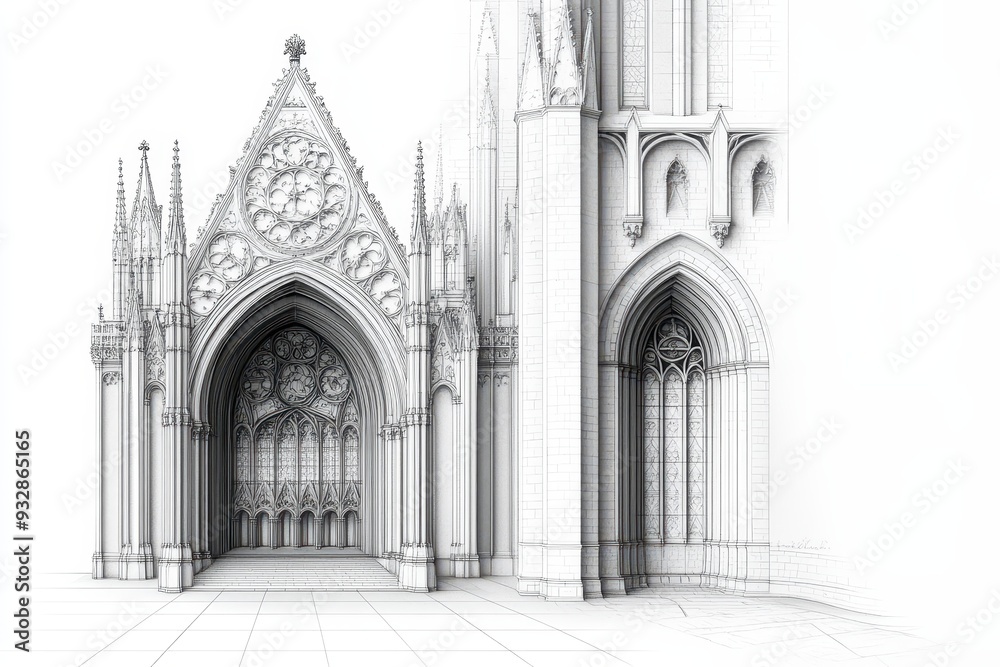 An intricate engraving of a Gothic cathedral, emphasizing the detailed architecture and stained glass windows An intricate engraving of a Gothic cathedral, emphasizing the detailed architecture and stained glass windows