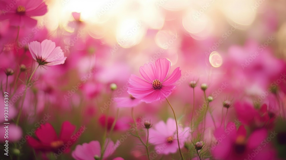 Pink cosmos flowers in a field, vibrant and cheerful, nature in bloom Pink cosmos flowers in a field, vibrant and cheerful, nature in bloom