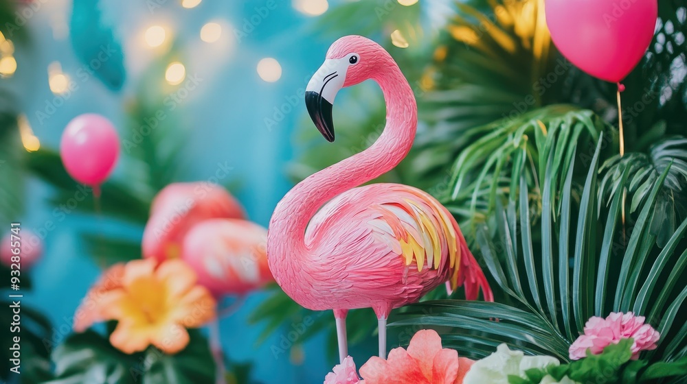 Obraz premium Pink flamingo-themed party decorations, fun and festive, tropical celebration