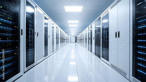 Long aisle in server room w...