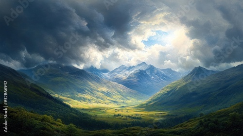 Majestic Mountain Valley with Dramatic Clouds