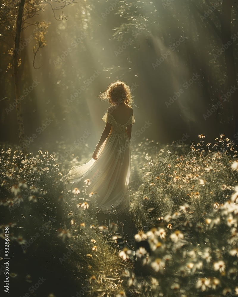 Woman in a White Dress Walking Through a Sunlit Forest Woman in a White Dress Walking Through a Sunlit Forest