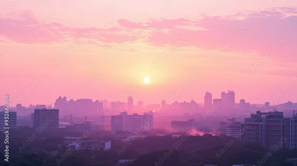 Fototapeta premium Pink sunset over a city skyline, peaceful and serene urban landscape, pastel evening light -