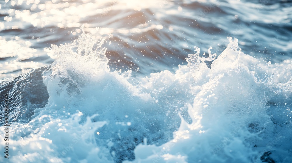 Fototapeta premium cascading white wash ocean waves crashing splashing churning water with power boat wake : Generative AI