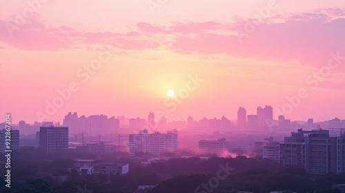 Wallpaper Mural Pink sunset over a city skyline, peaceful and serene urban landscape, pastel evening light - Torontodigital.ca