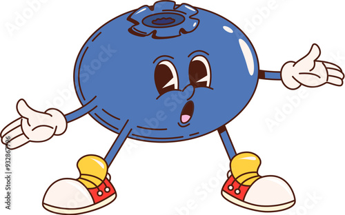 Retro groovy blueberry berry character. Isolated cartoon vector surprised bilberry wears sneakers, stands with arms wide open, showcasing its curious eyes, and exuding a sense of wonder and excitement