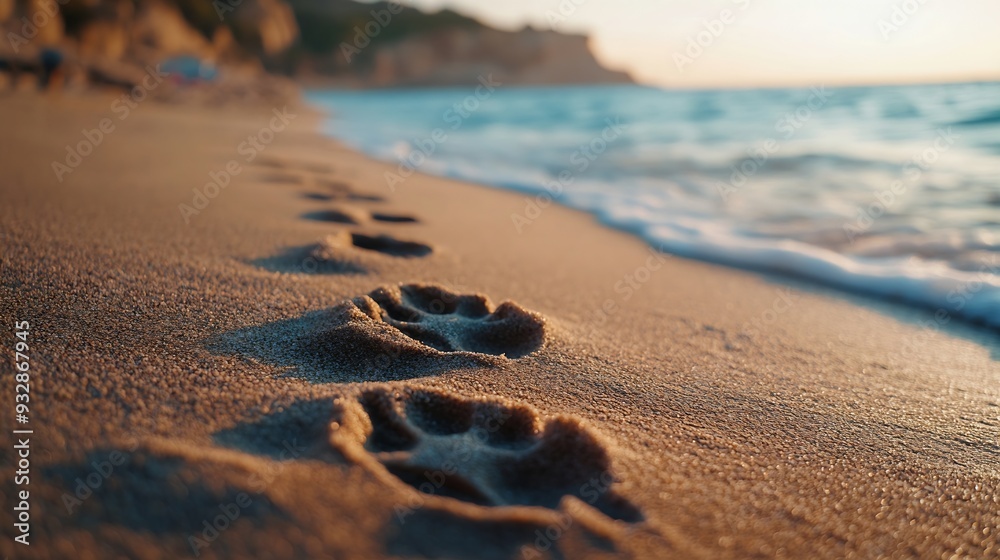 Dogs footprint on the beach Dog paw prints on the sand loneliness concept footprints in the sand of a beach near the ocean : Generative AI Dogs footprint on the beach Dog paw prints on the sand loneliness concept footprints in the sand of a beach near the ocean : Generative AI