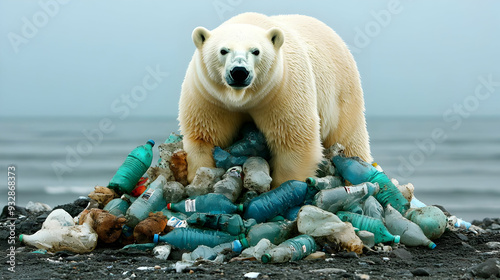 Polar bear stands on pile o...