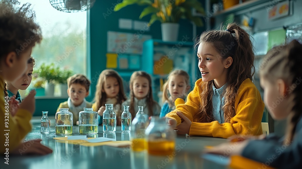Fototapeta premium Primary School Children Learning Basic Information About Water Cycles Geography Teacher Educating Smart Diverse Kids in a Modern Colorful Classroom Schoolchildren Understanding Weather : Generative AI