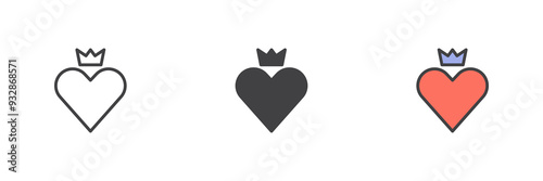 Heart with crown different style icon set