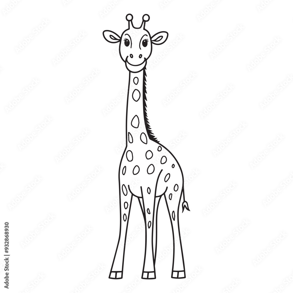 Giraffe Outline Design, Giraffa Clipart, A Happy Standing Giraffe Illustration in black and white