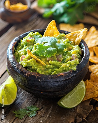 Fresh guacamole in black molcajete bowl Tortilla chips Lime wedges Wooden table Mexican cuisine Appetizer Healthy snack Homemade dip Avocado texture photo
