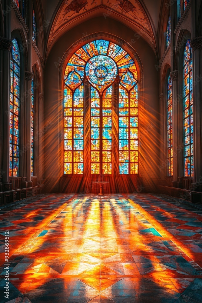 Sunlight shining through stained glass windows of church interior Sunlight shining through stained glass windows of church interior