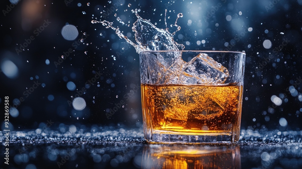 Whiskey with ice cubes splashing in glass on dark background Whiskey with ice cubes splashing in glass on dark background