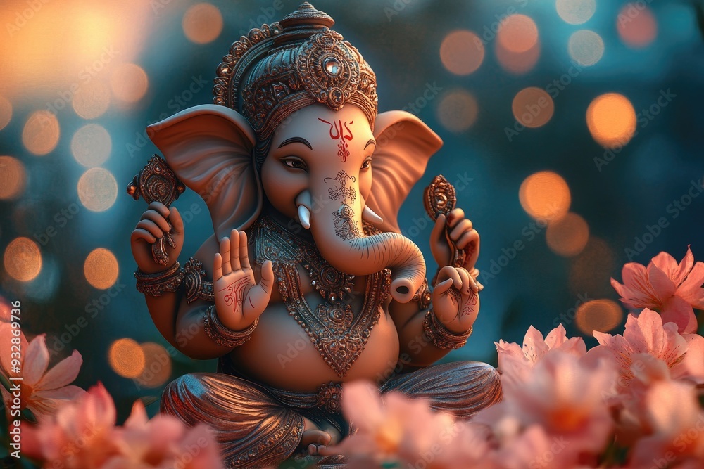 Obraz premium Lord ganesha idol sitting in a bed of flowers with bokeh lights