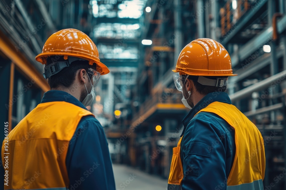 Two engineers wearing protective face masks discussing inside factory Two engineers wearing protective face masks discussing inside factory