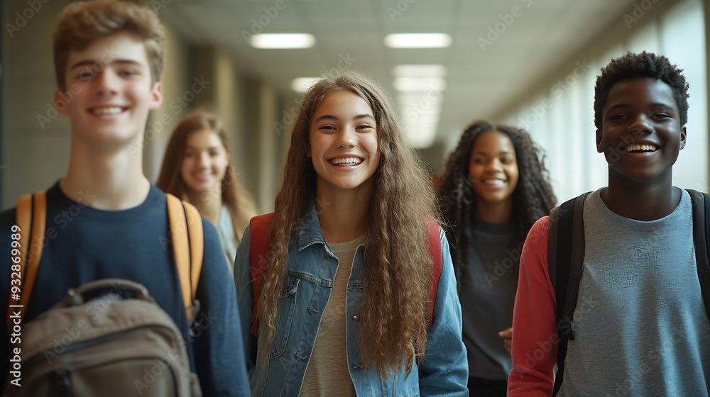 A diverse group of five students happily walk through a college hallway displaying friendship and teamwork embodying the spirit of academic collaboration in a university setting : Generative AI A diverse group of five students happily walk through a college hallway displaying friendship and teamwork embodying the spirit of academic collaboration in a university setting : Generative AI