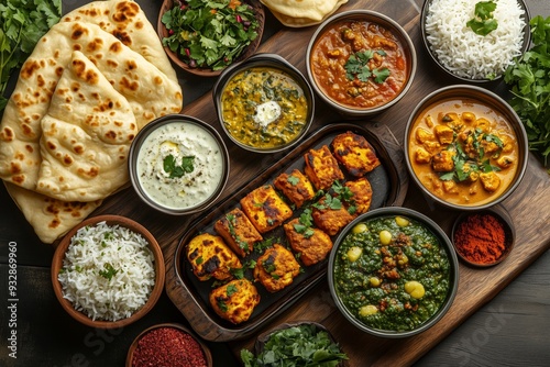 A traditional Indian feast with tricolor dishes. Indian food Curry butter chicken, Palak Paneer, Chiken Tikka, Biryani, Vegetable Curry, Papad, Dal, Palak Sabji, Jira Alu. India Independence Day photo