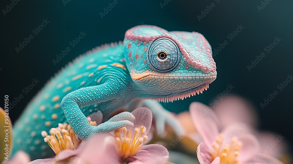 Fototapeta premium Chameleon on the flower Beautiful extreme closeup : Generative AI