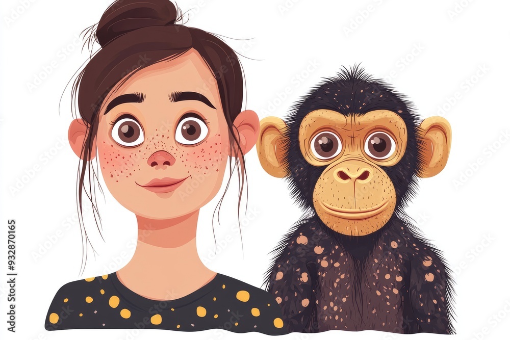 Young girl with freckles posing with a baby chimpanzee