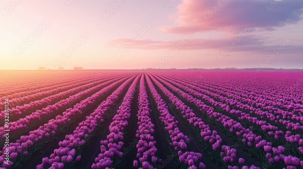 Fototapeta premium Purple tulip fields stretching into the horizon, vibrant and vast, breathtaking floral landscape