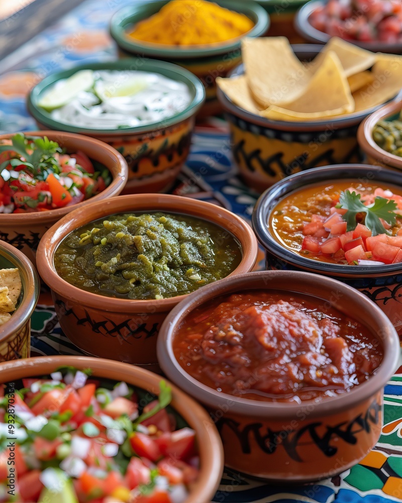 Diverse Mexican salsas and dips in earthenware bowls Tortilla chips Colorful spread on patterned tablecloth Traditional cuisine Variety of textures Diverse Mexican salsas and dips in earthenware bowls Tortilla chips Colorful spread on patterned tablecloth Traditional cuisine Variety of textures